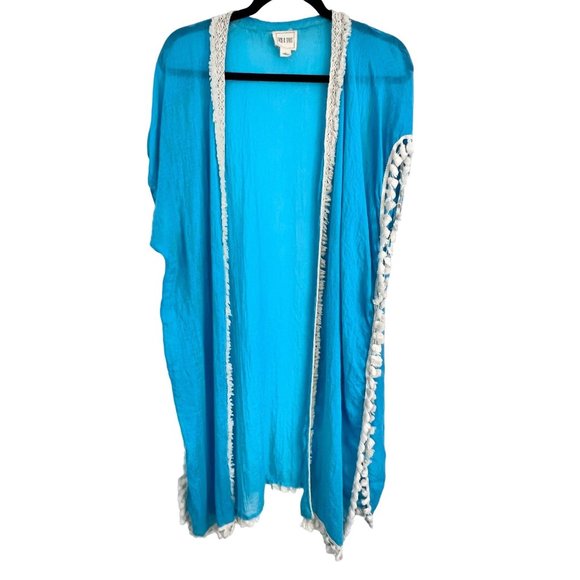 Sand and Spirit Kimono Women's' Medium Long Teal Swim Coverup With Crochet - Picture 12 of 12